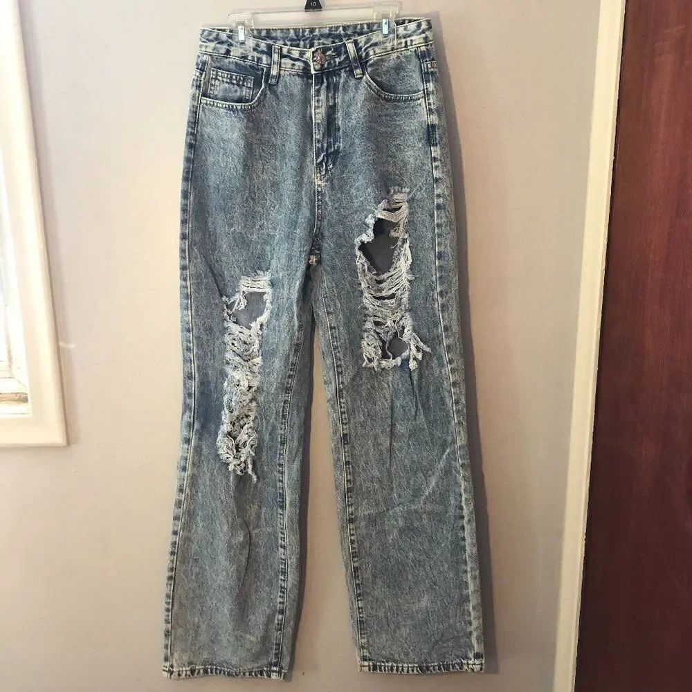 SHEIN High Waist Destroyed Mom Jeans Size 4 Light Wash Holes